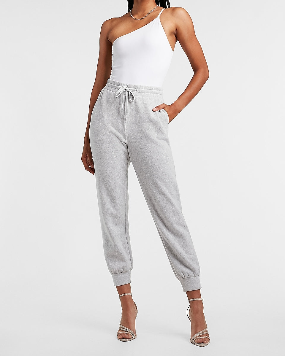 Express  High Waisted Fleece Jogger Pant in Silver Heather Gray