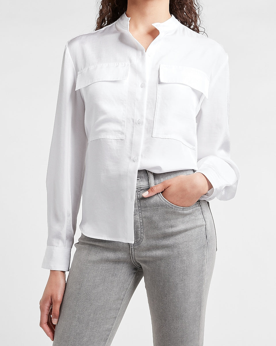 Express | Two Pocket Button-Up Shirt in White | Express Style Trial