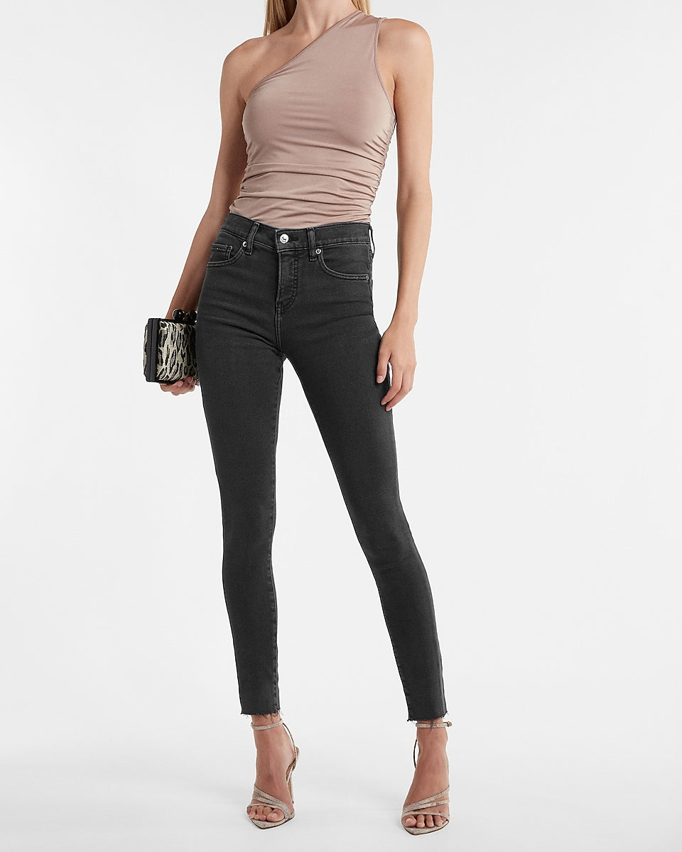 Express | Mid Rise Black Raw Hem Skinny Jeans in Pitch Black | Express ...