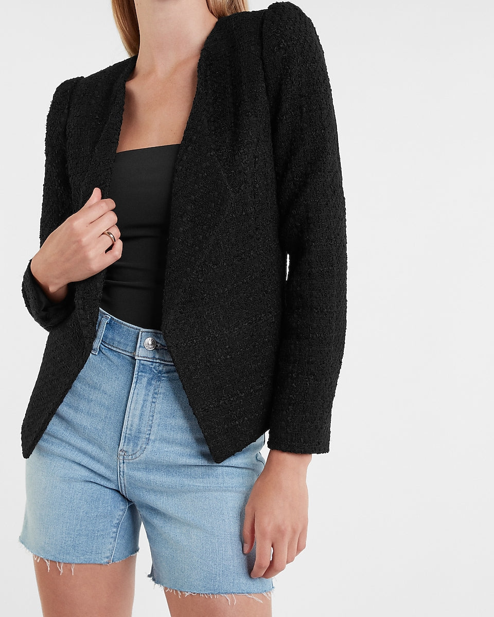 draped front puff sleeve boucle blazer