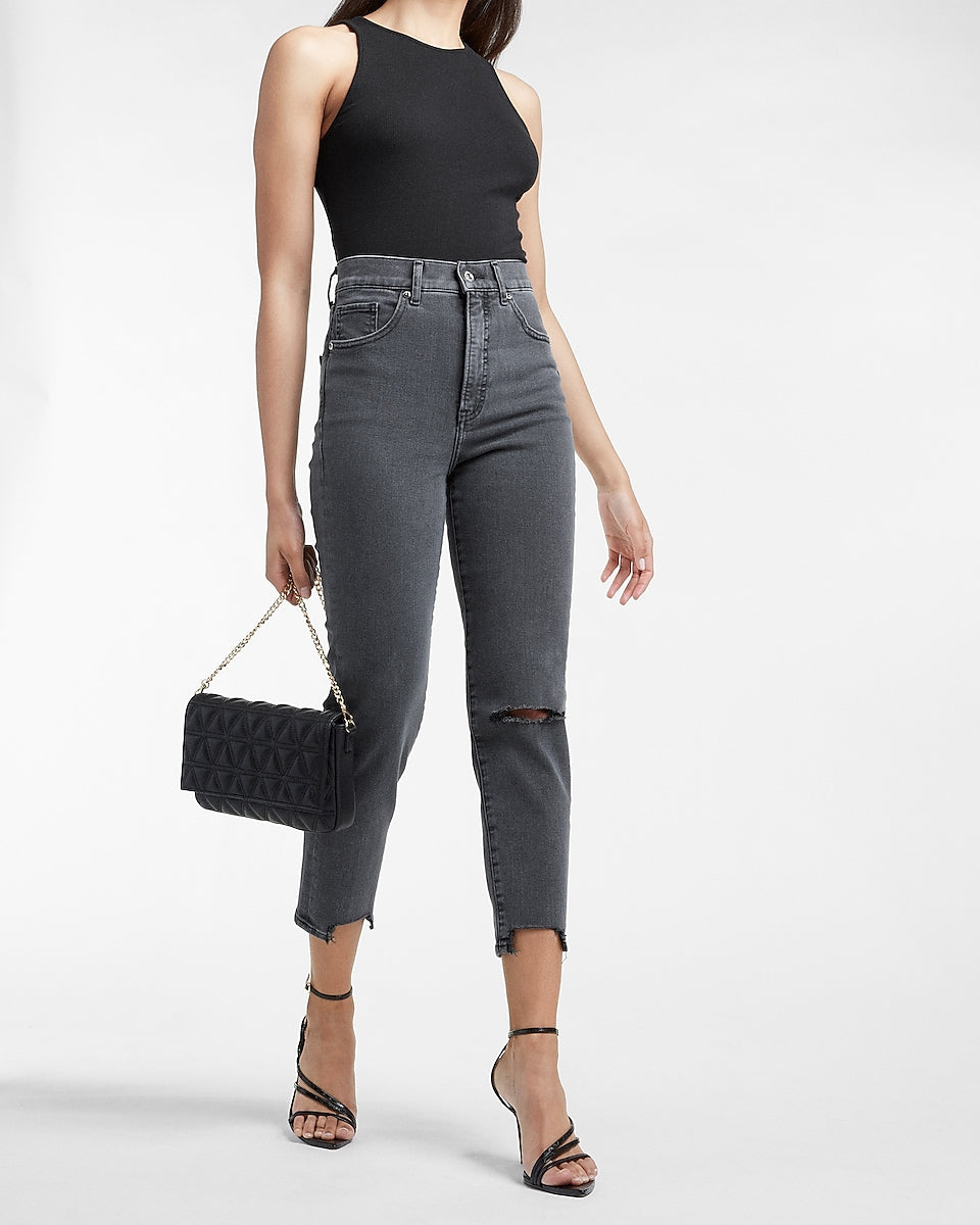 Express, Mid Rise Black Ripped Wide Leg Jeans in Pitch Black