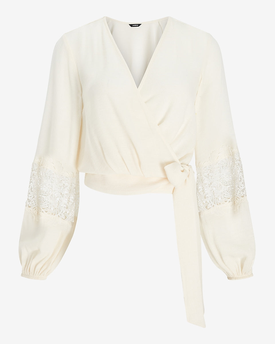 Express | Lace Balloon Sleeve Wrap Front Top in Swan | Express Style Trial