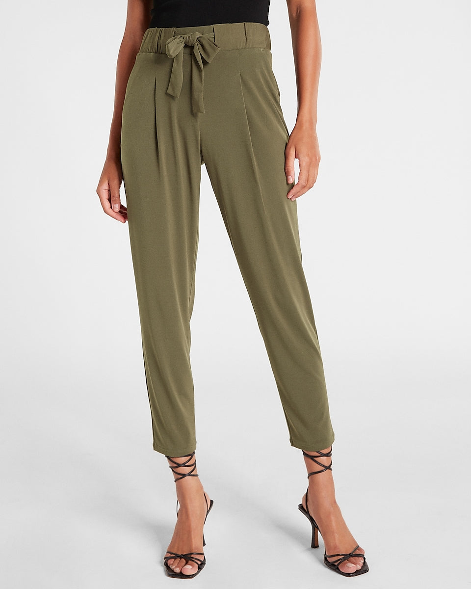 Express | Mid Rise Sash Tie Paperbag Ankle Pant in Olive Green ...