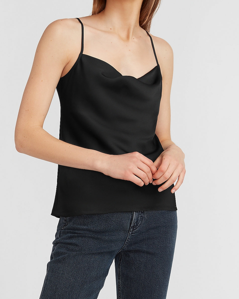 Express, Satin Cowl Neck Cami in Pitch Black