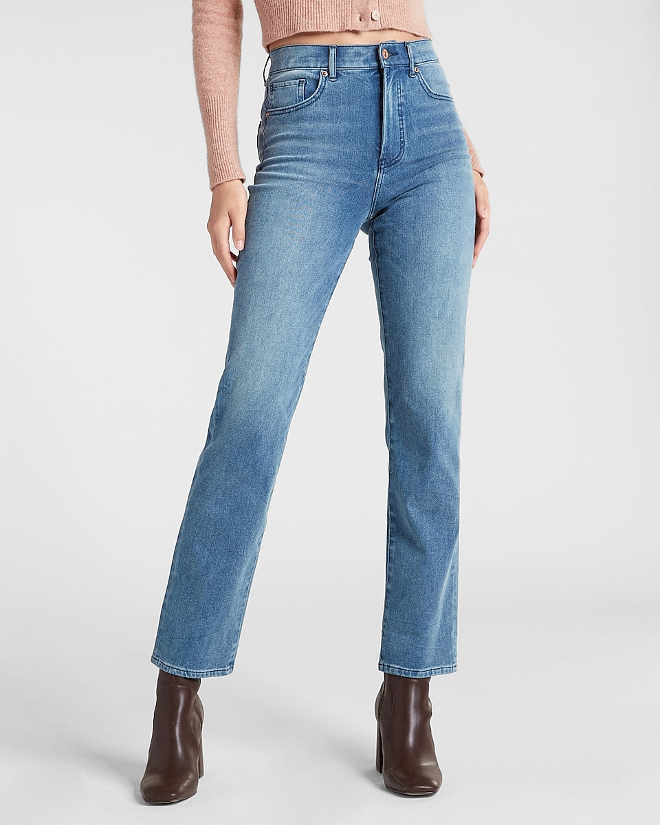 Cool Girl Style Medium Wash Straight Leg High-Waisted Jeans