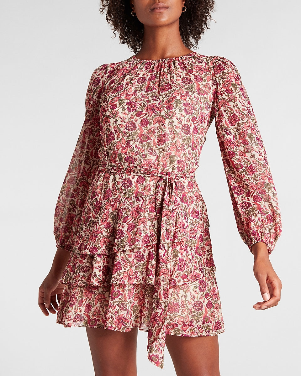 Express, Metallic Floral Tie Waist Tiered Ruffle Mini Dress in Pink Print