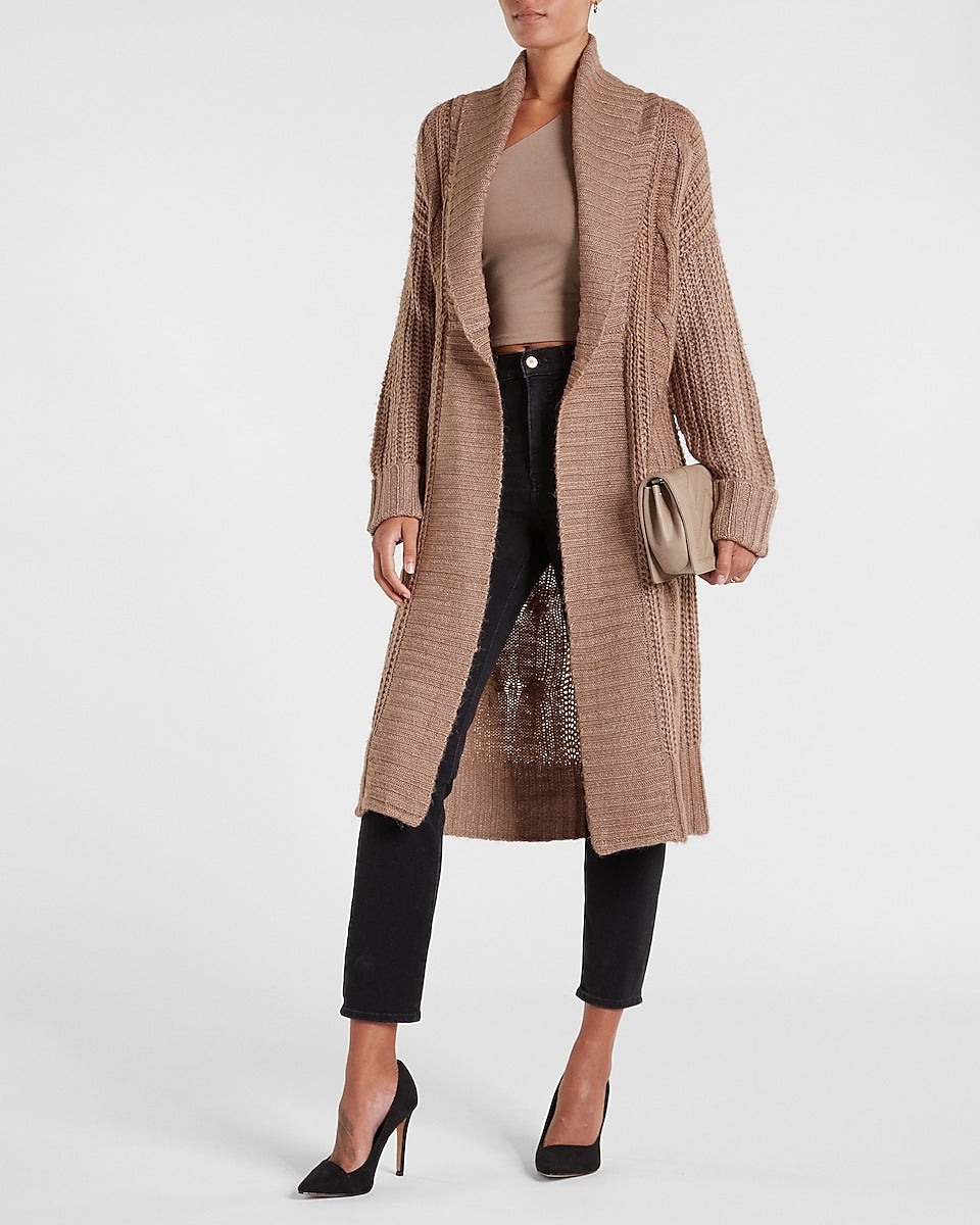 Express, Cable Knit Duster Cardigan in Light Mocha