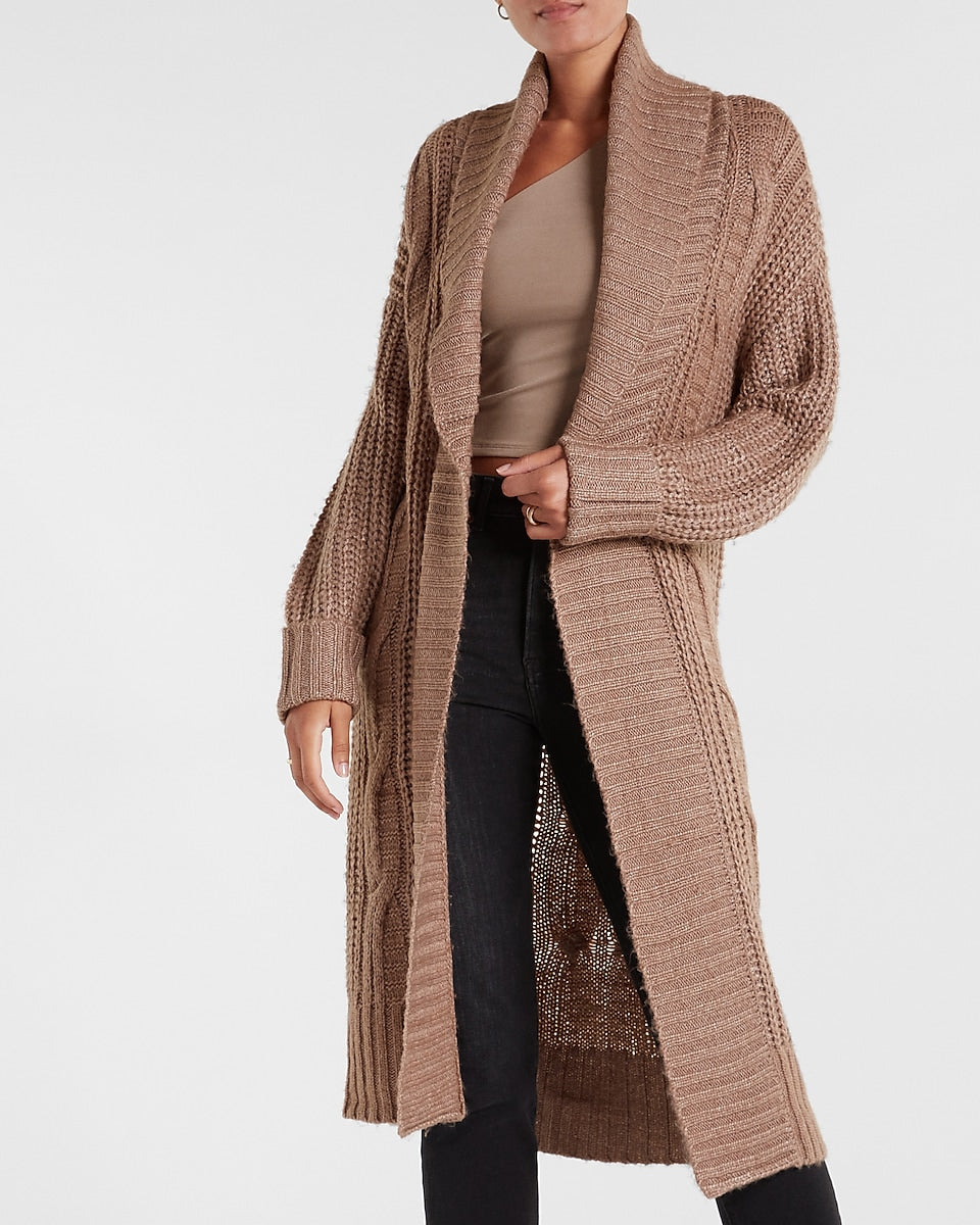 Express Cable Knit Duster Cardigan in Light Mocha Express Style Trial