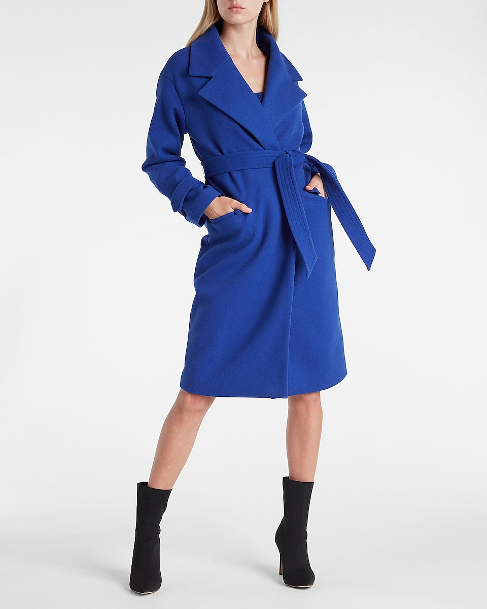 Express | Belted Wrap Front Faux Wool Coat in Cobalt Blue | Express ...