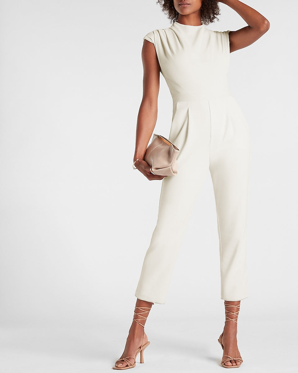 Express, Draped Neck Short Sleeve Jumpsuit in Swan