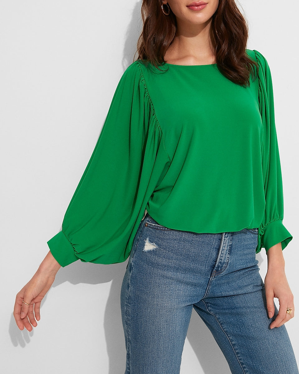 Express, Long Draped Sleeve Banded Waist Top in Green Lush