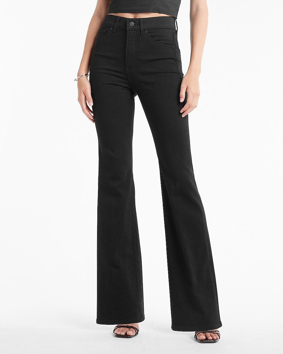 Express | High Waisted Black Supersoft Flare Jeans in Pitch Black ...