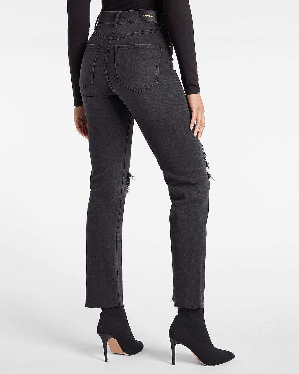 Express | Super High Waisted Black Ripped Modern Straight Jeans in ...