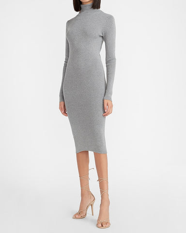 Express | Ribbed Turtleneck Midi Sweater Dress in Heather Gray ...