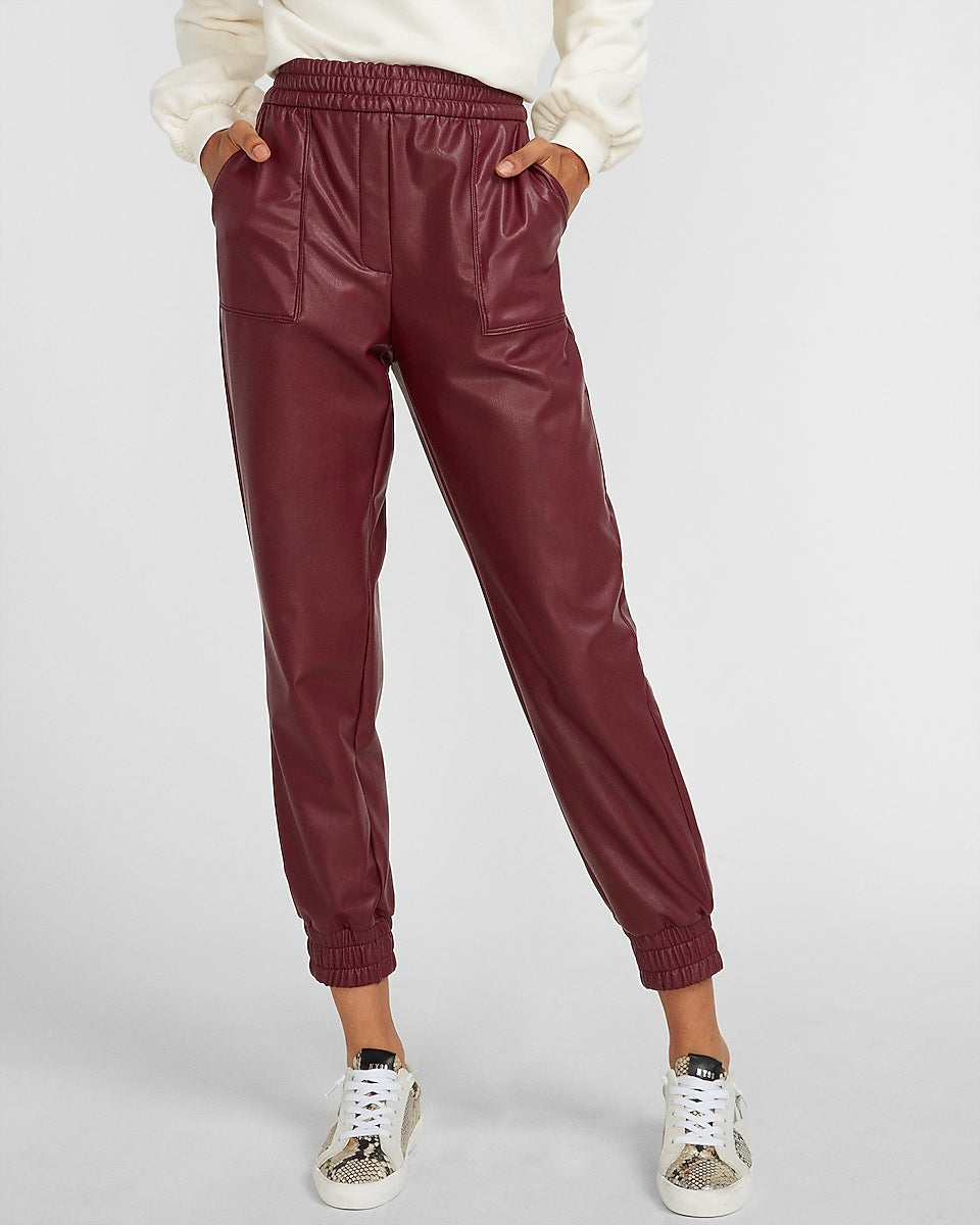 Express, High Waisted Vegan Leather Jogger Pant in Deep Burgundy