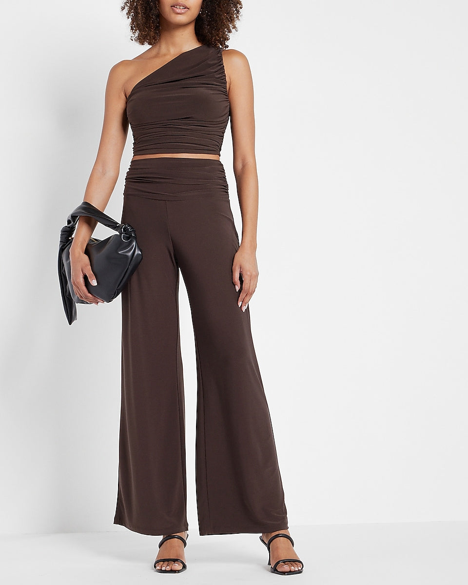 Express  Super High Waisted Ruched Wide Leg Pant in Espresso