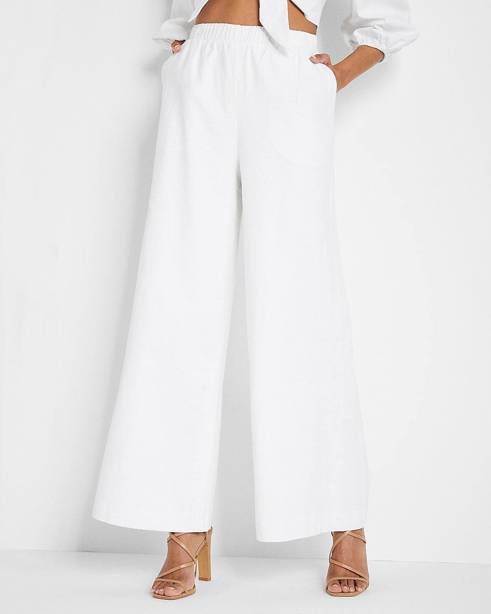 Express | High Waisted Linen-Blend Pull On Wide Leg Pant in White ...