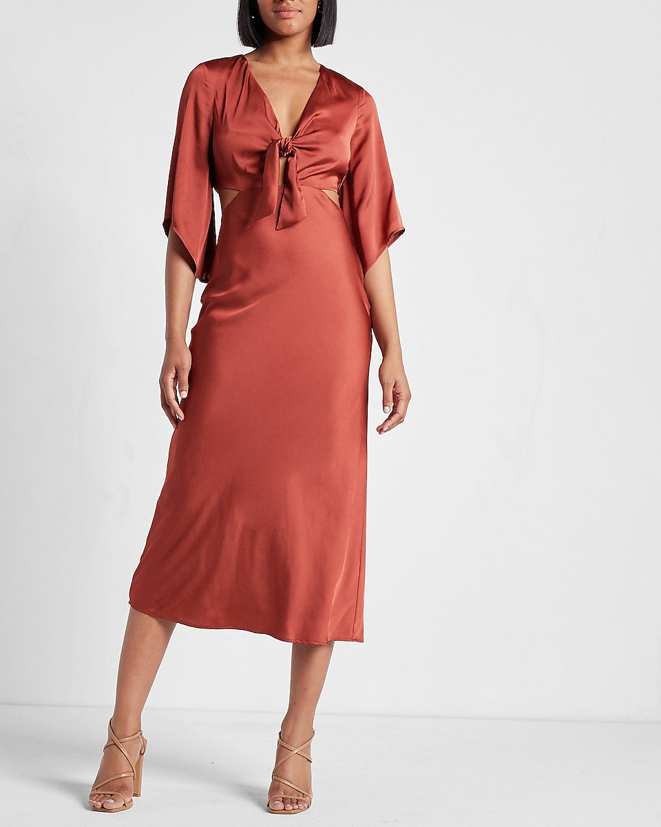 Satiny midi dress with long tie ribbons, Icône