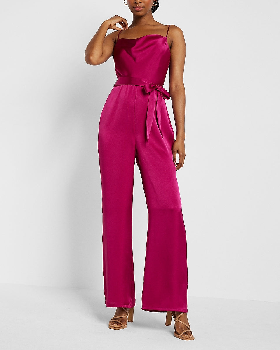 Express | Satin Belted Cowl Neck Wide Leg Jumpsuit in Bright Pink ...
