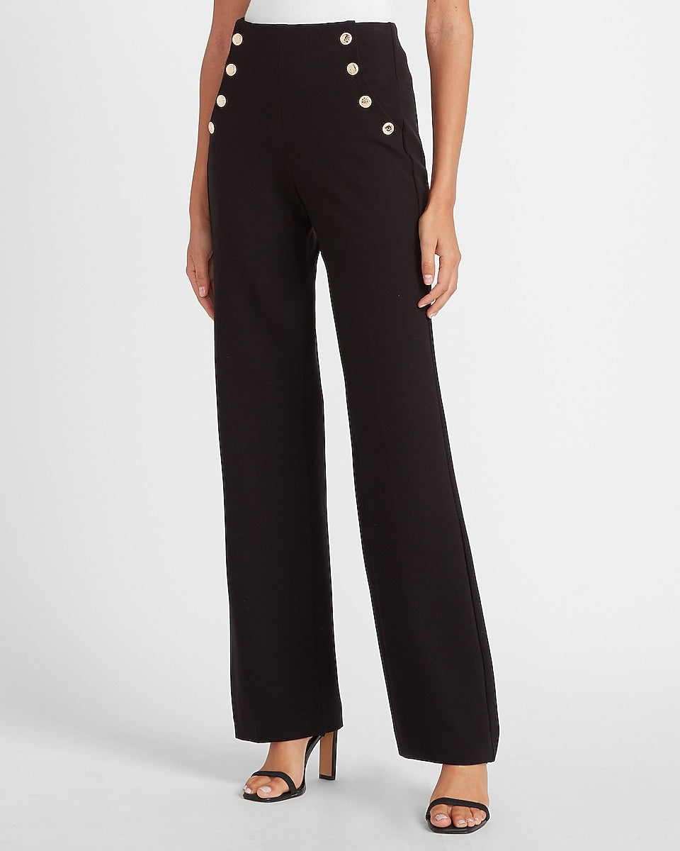 Express  High Waisted Gold Button Knit Trouser Pant in Pitch