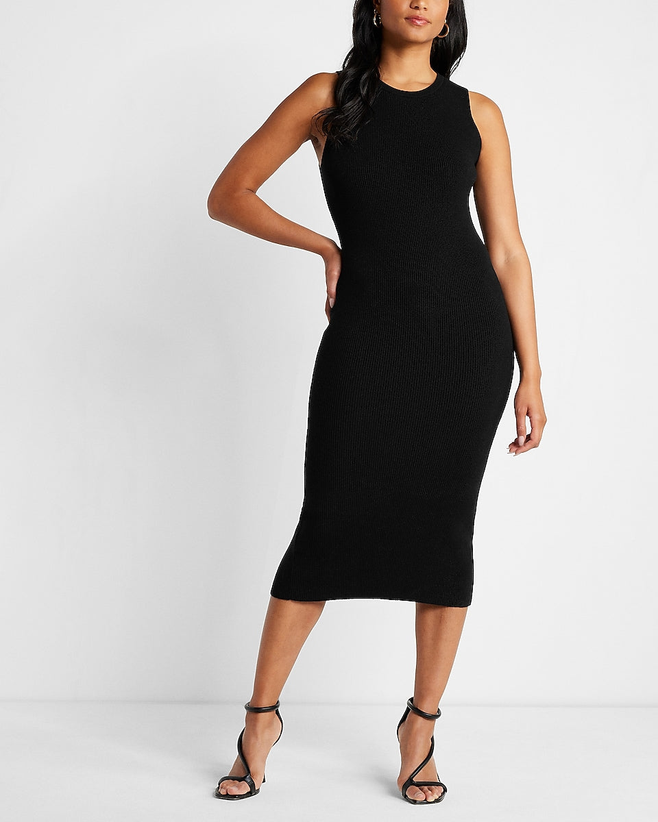 Contour Ribbed High Neck Knitted Midi Dress