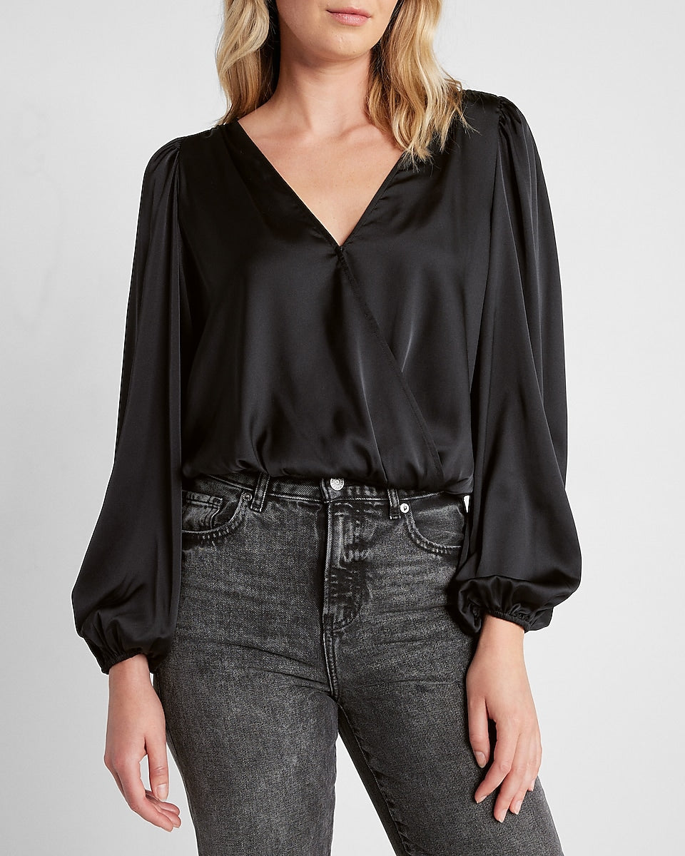 Express | Conscious Edit Satin Faux Wrap Front Open Back Top in Pitch ...