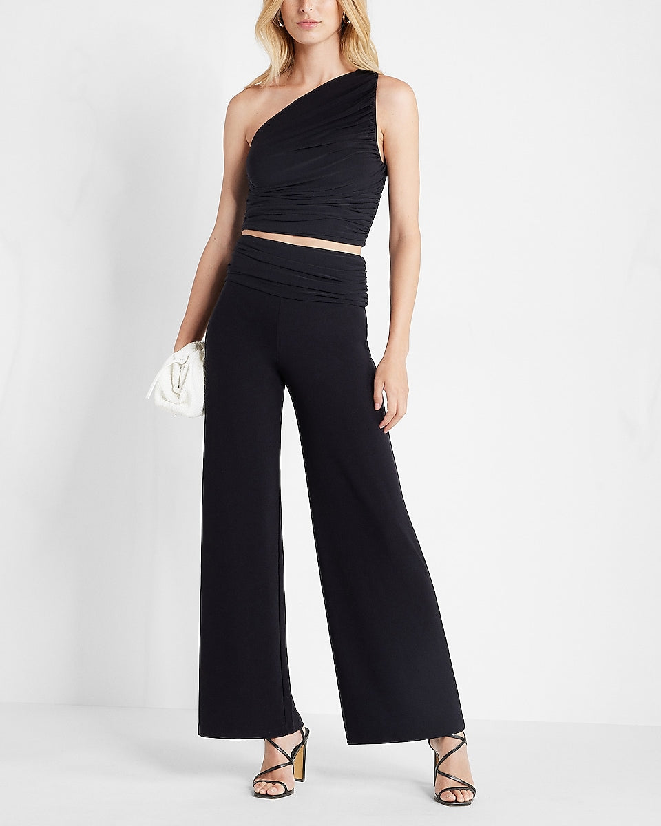 Express | Super High Waisted Ruched Wide Leg Pant in Pitch Black ...