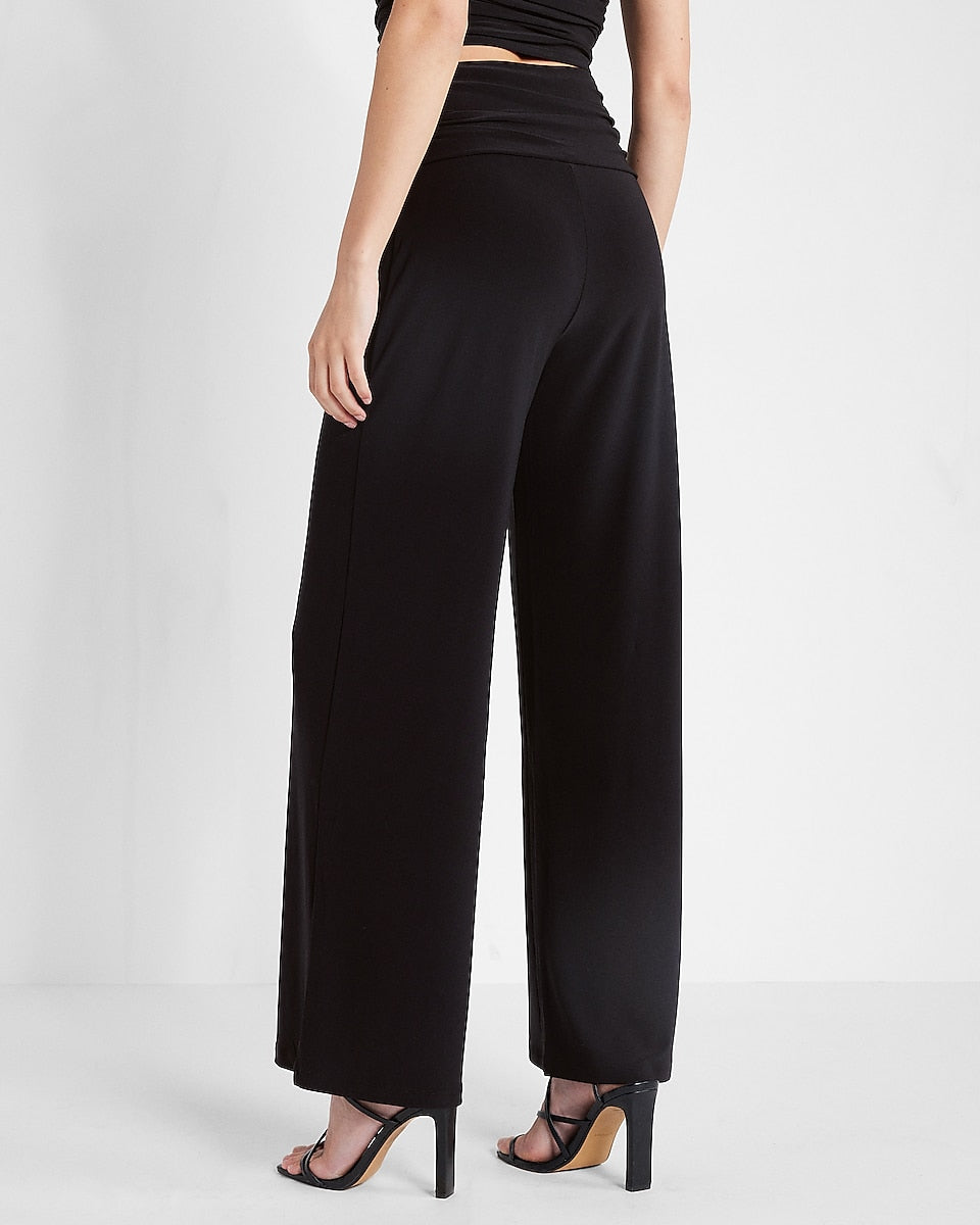 Express | Super High Waisted Ruched Wide Leg Pant in Pitch Black ...