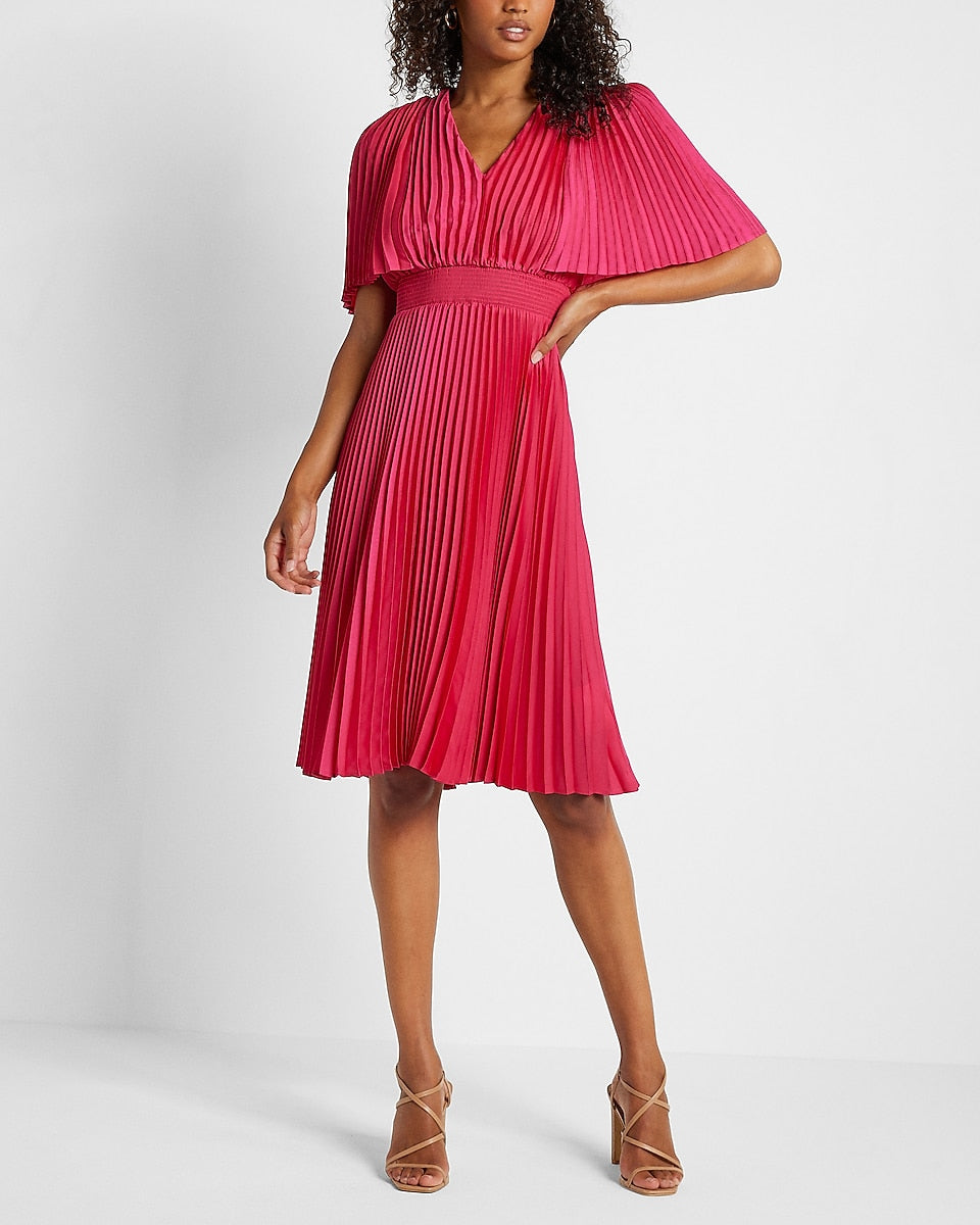 Express, Pleated V-Neck Midi Dress in Energy Pink