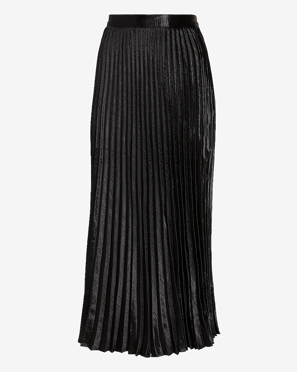 Express | High Waisted Pleated Satin Midi Skirt in Pitch Black ...