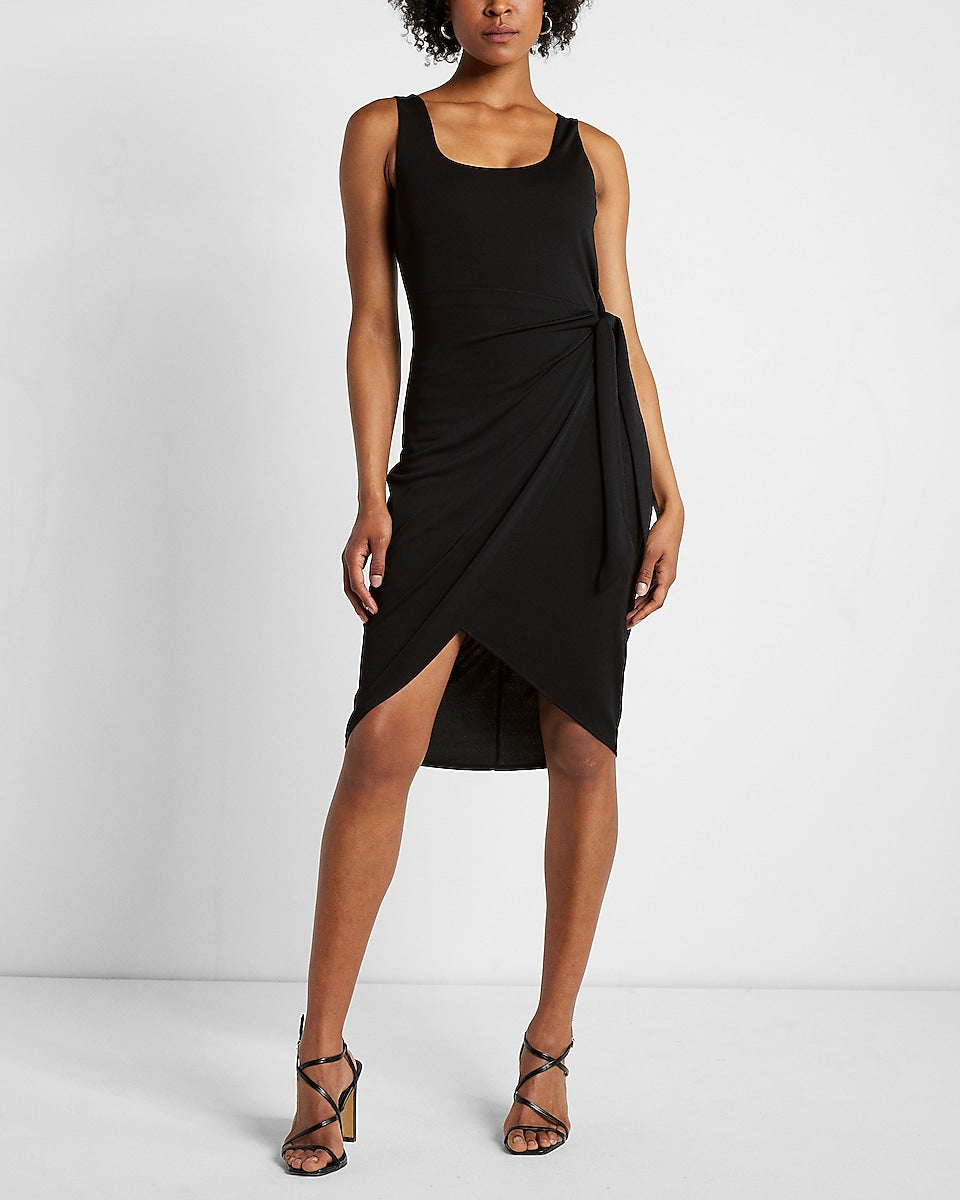 Express, Body Contour Ruched Side Slit Midi Dress in Pitch Black