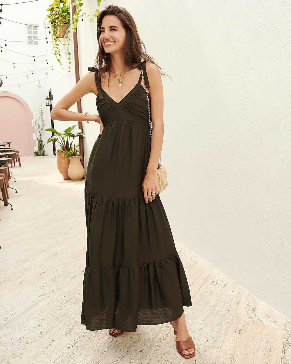 Express, Tie Shoulder Tiered Maxi Dress in Olive Green