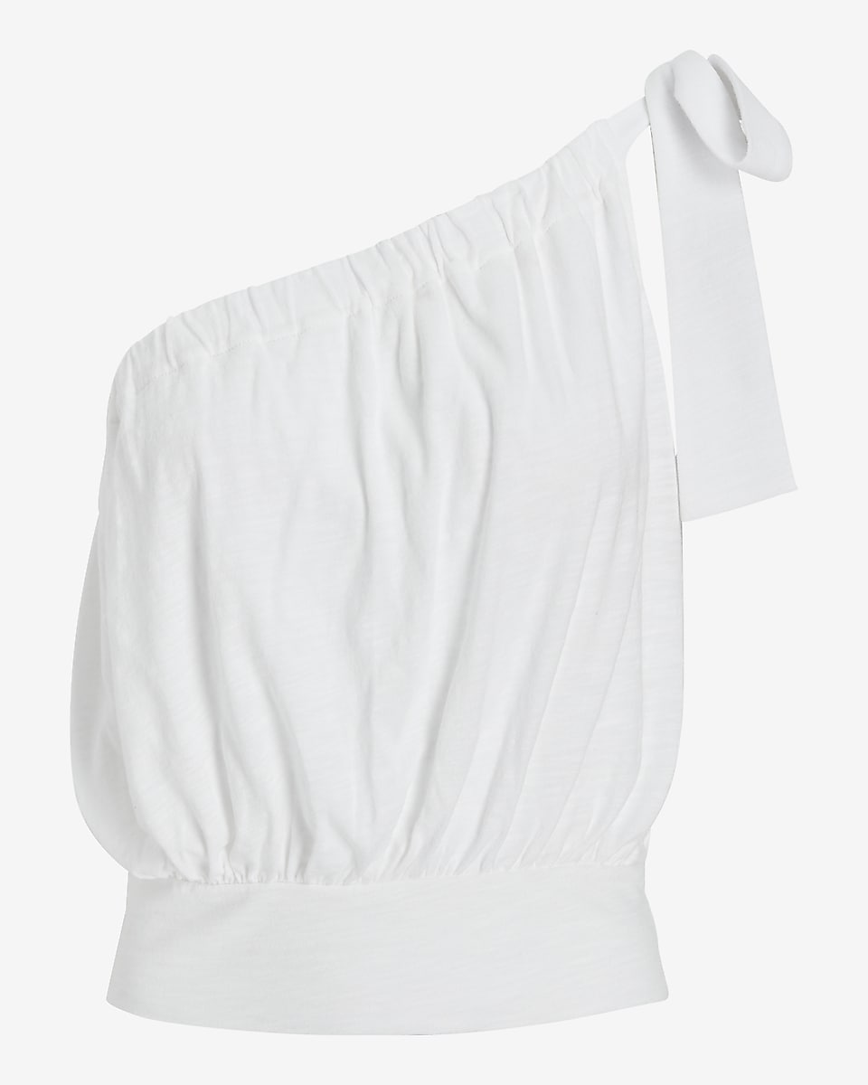 Express | Tie One Shoulder Banded Bottom Bubble Tank in White | Express ...