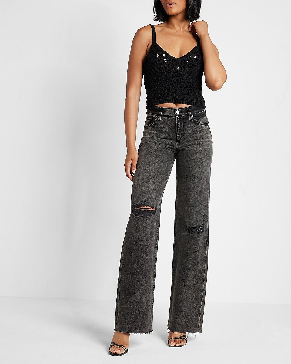 Express, Mid Rise Black Ripped Wide Leg Jeans in Pitch Black