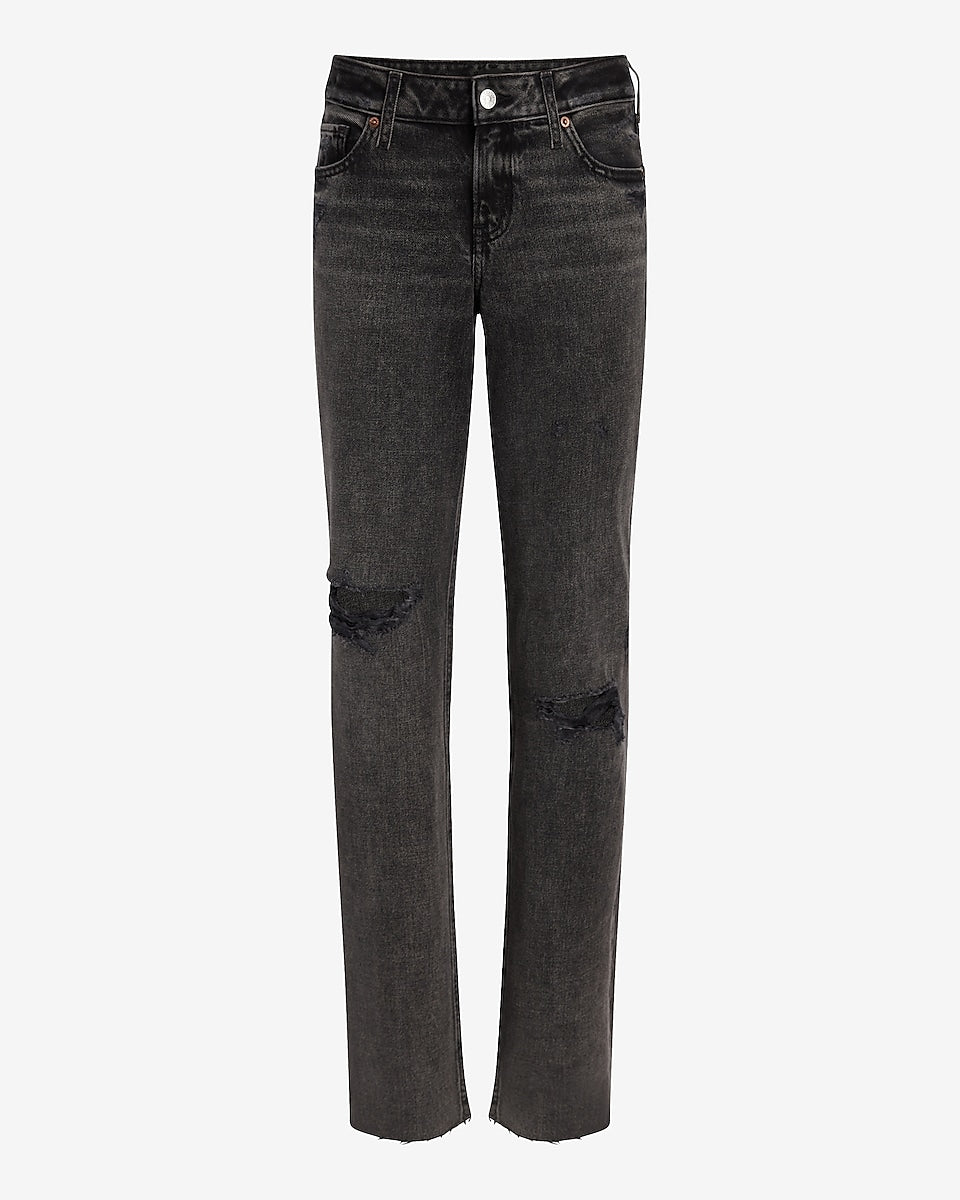 Express | Low Rise Black Ripped Modern Straight Jeans in Pitch Black ...