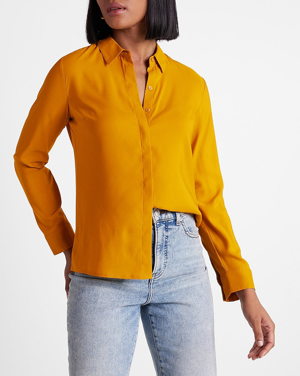 Express | Conscious Edit Satin Portofino Shirt in Golden Yellow ...