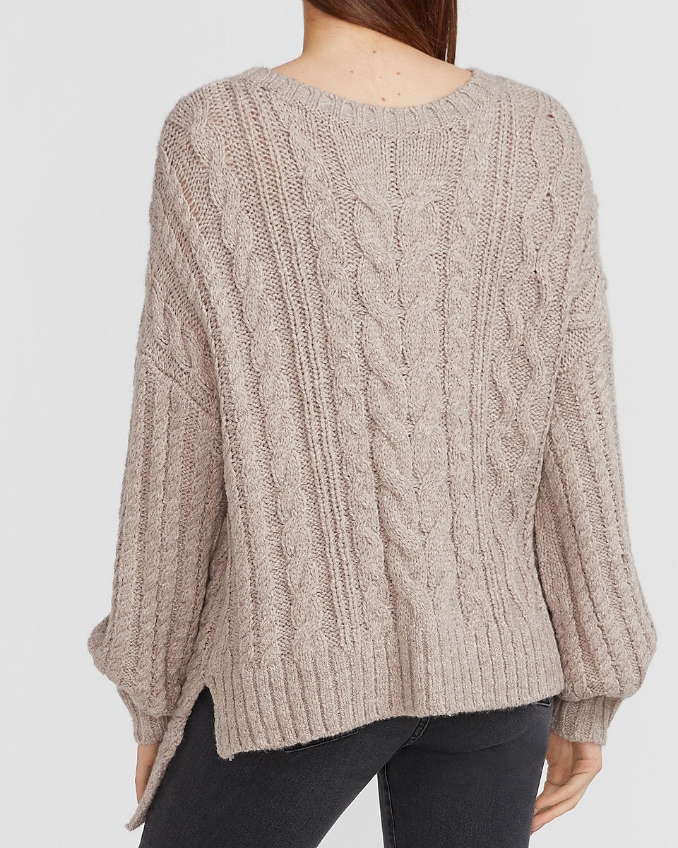 Express | Asymmetrical Hem Cable Knit Sweater in Beige | Express Style ...