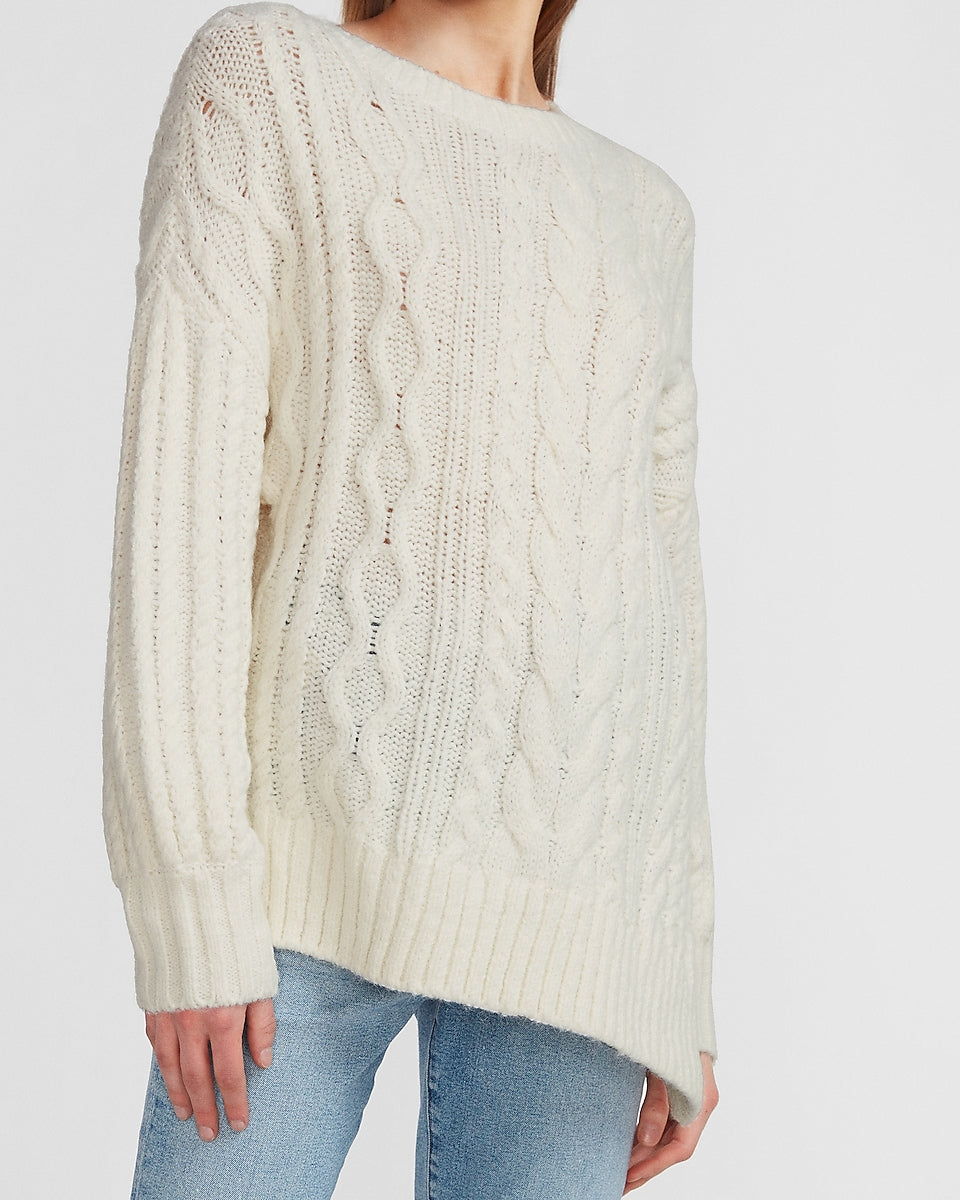 Express, Asymmetrical Hem Cable Knit Sweater in Ivory