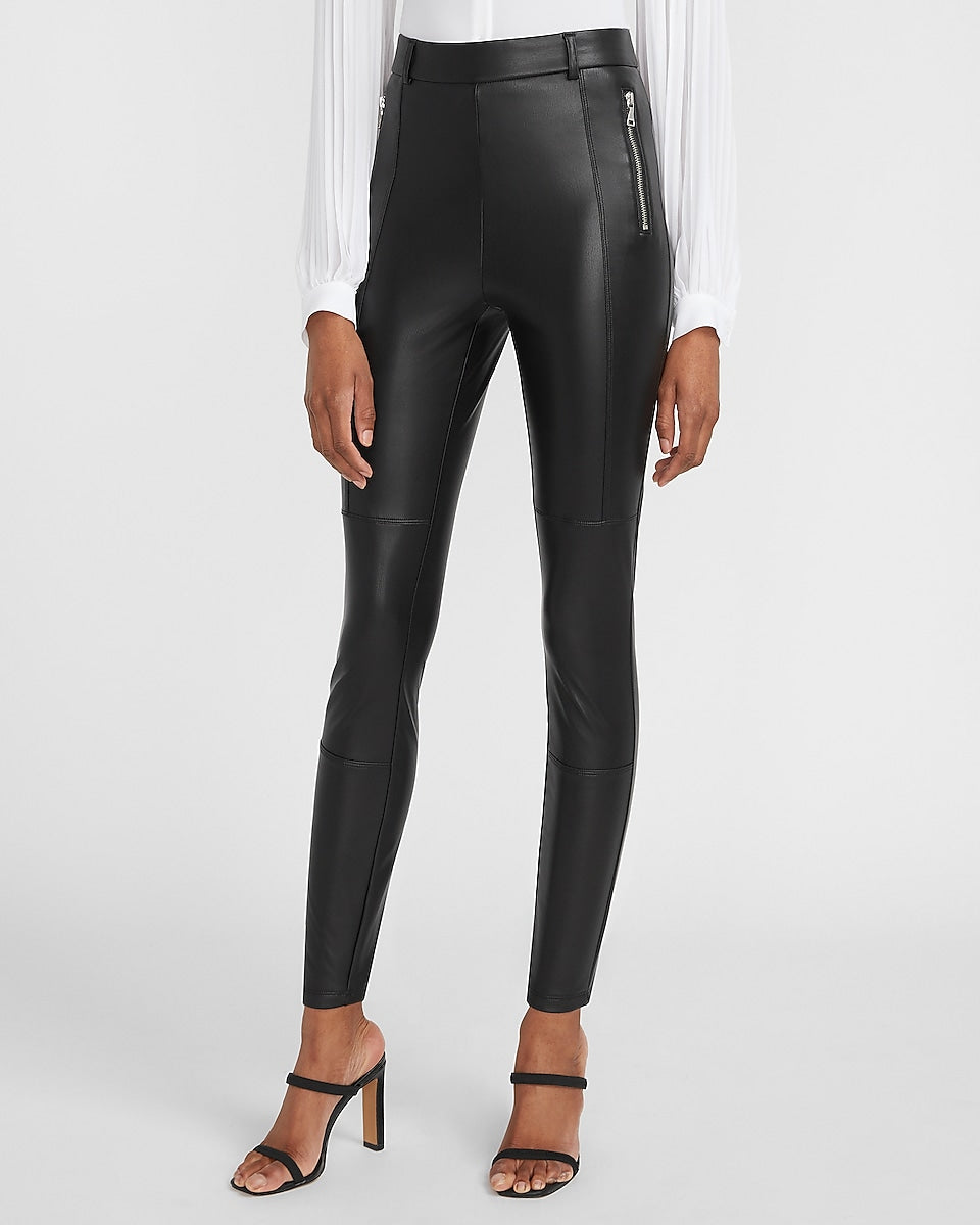 Express, High Waisted Vegan Leather Zip Front Leggings in Pitch Black