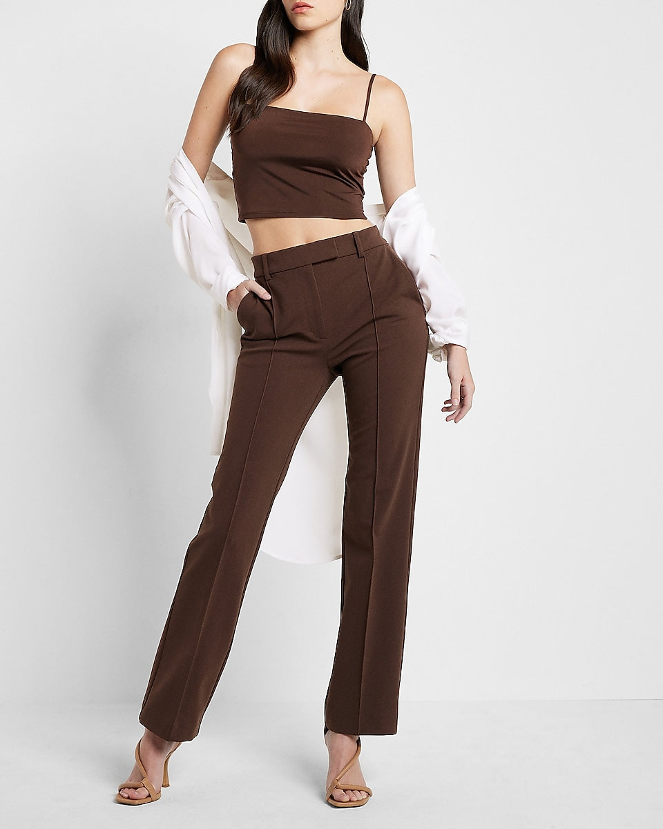 Express Super High Waisted Notch Pleated Straight Ankle Pant Brown