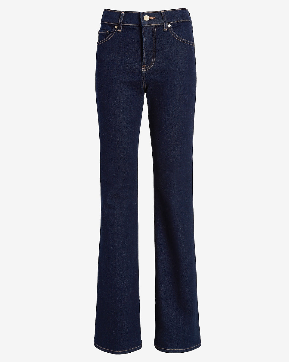 Express | Mid Rise Rinse 70S Flare Jeans in Dark Wash | Express Style Trial