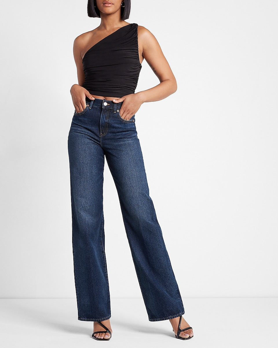 Express, Super High Waisted Black Baggy Wide Leg Jeans in Pitch Black