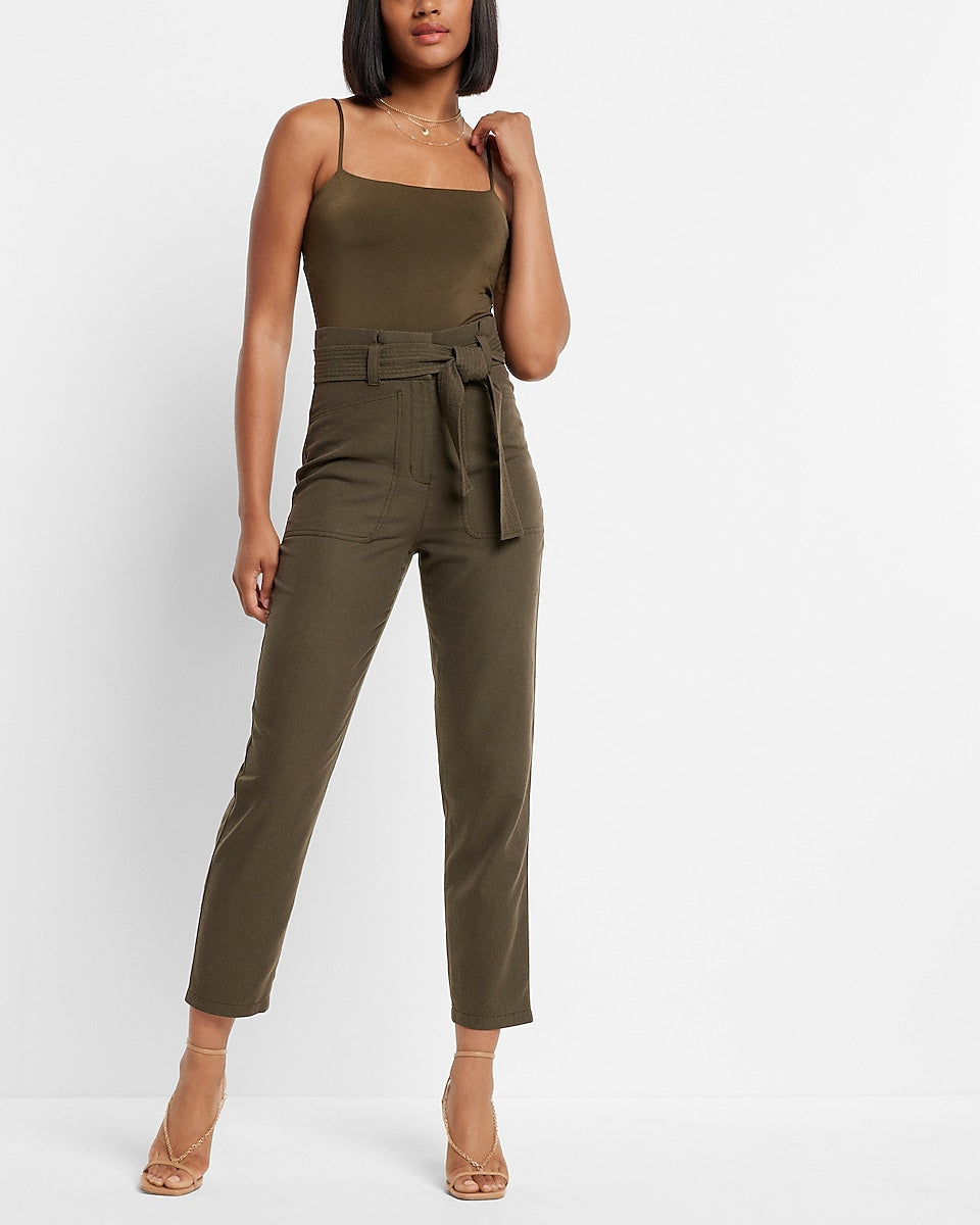 Express | Super High Waisted Belted Paperbag Pant in Olive Green ...