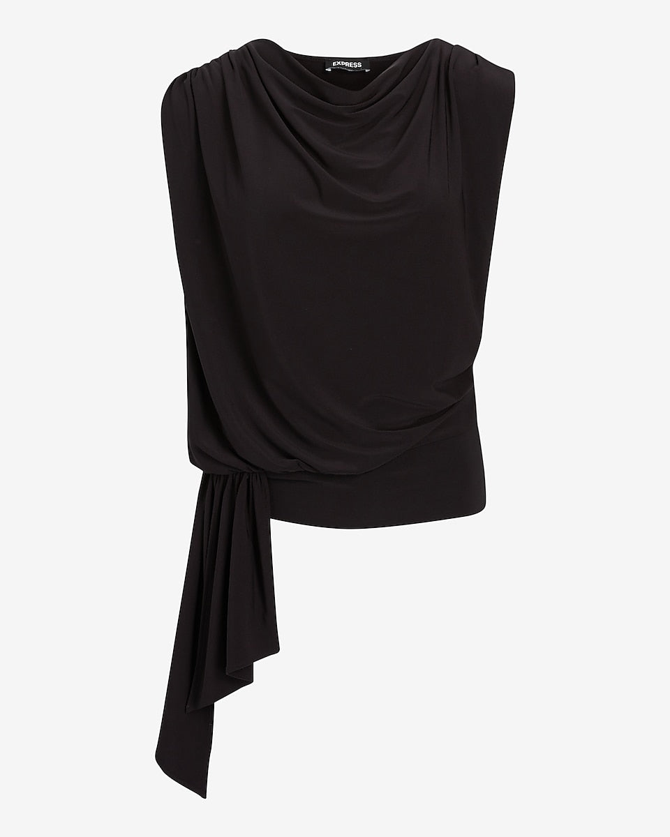 Express | Matte Jersey Cowl Neck Draped Tank in Pitch Black | Express ...