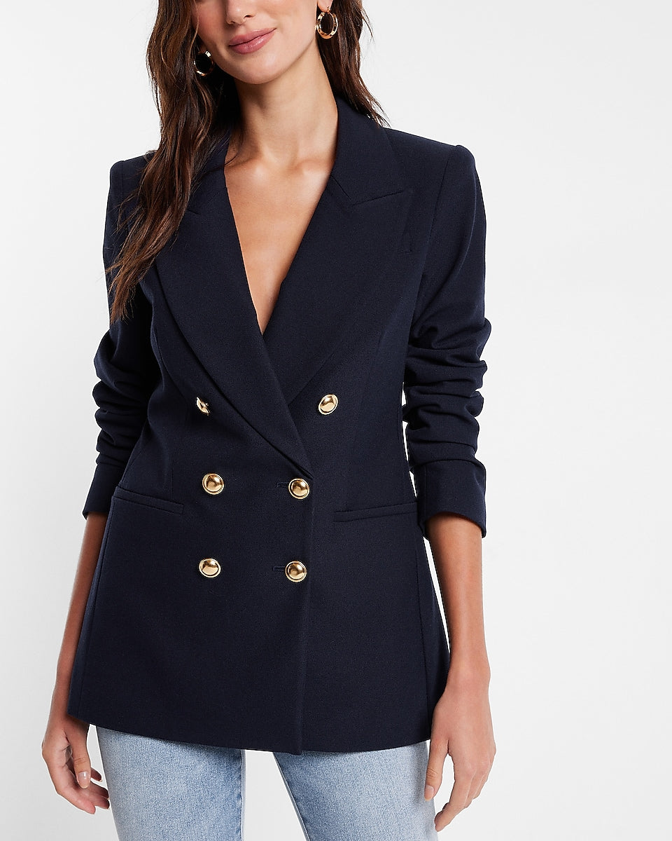 Express | Peak Lapel Double Breasted Novelty Button Blazer in Navy Blue ...