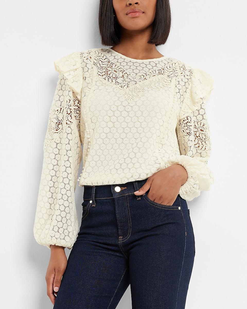 Express | Lace Long Sleeve Ruffle Shoulder Top in Swan | Express Style ...