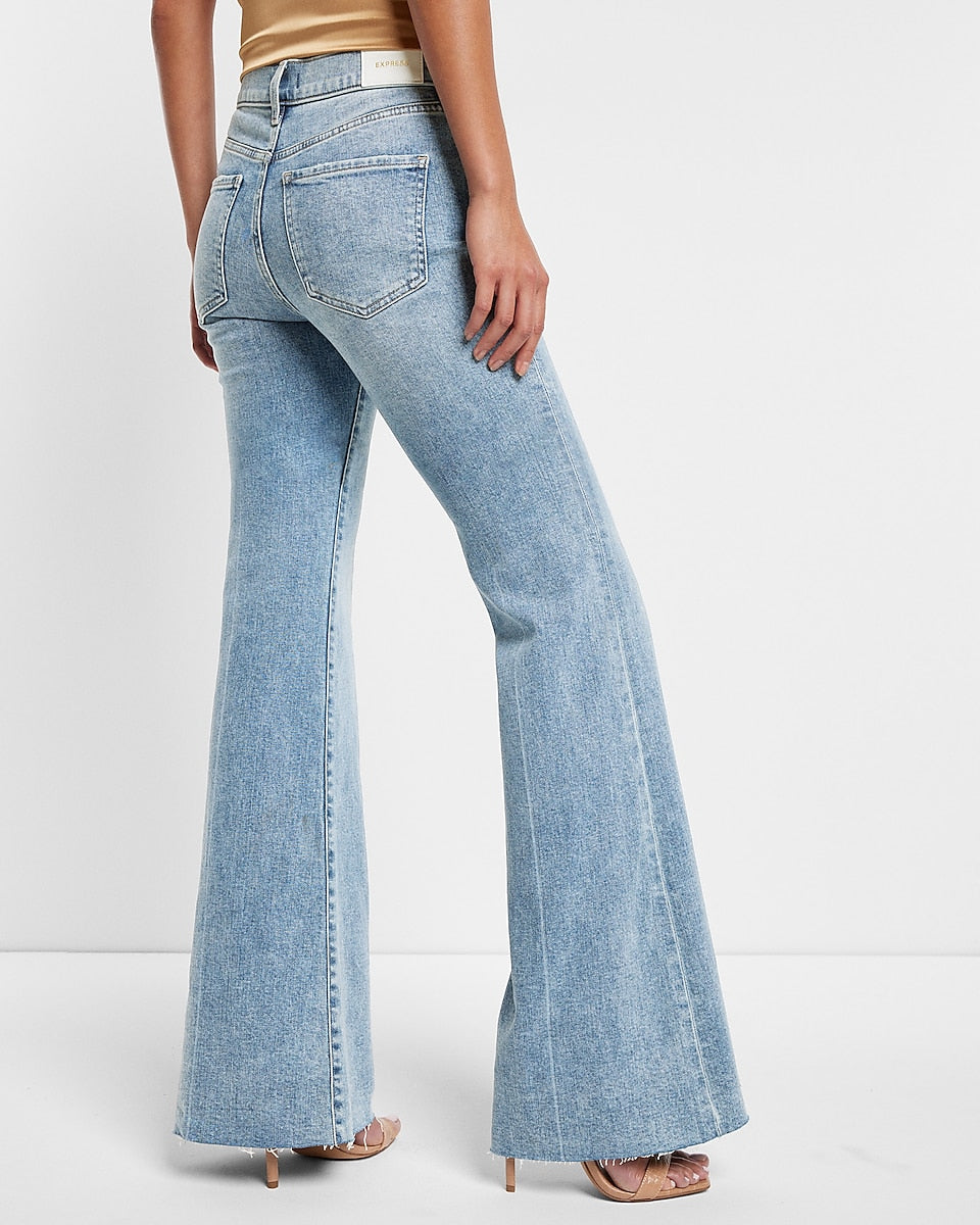 Express | Mid Rise Light Wash Raw Hem 70S Flare Jeans in Light Wash ...