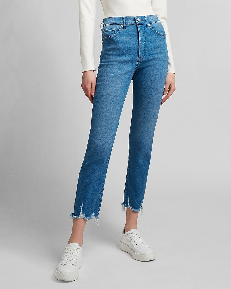 Express | High Waisted Ripped Raw Hem Slim Jeans in Medium Wash | Express Style Trial