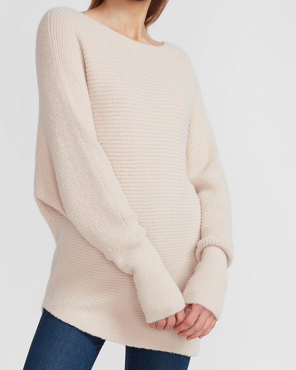 Express, Cozy Ribbed Asymmetrical Hem Sweater in Oyster