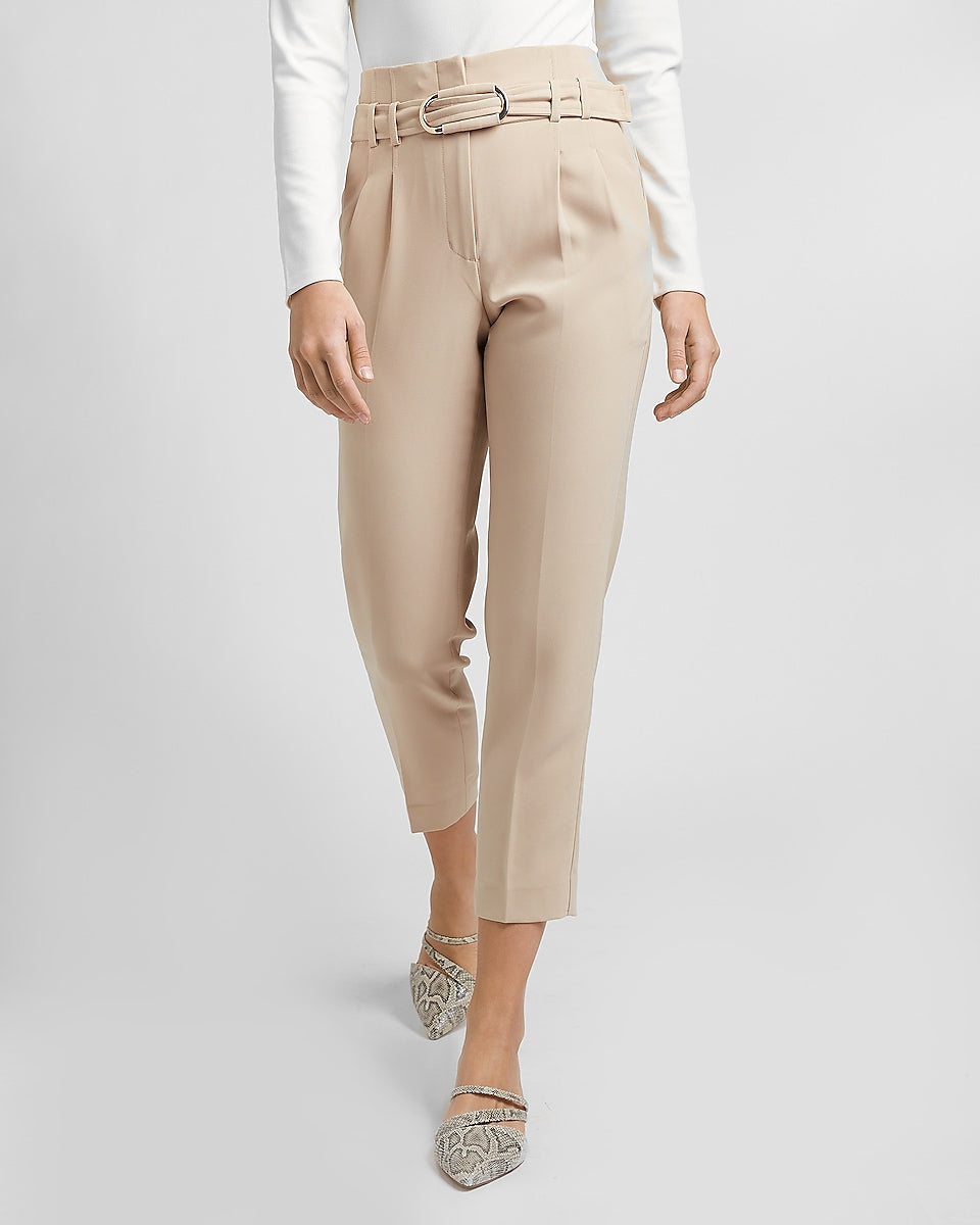 Express | Super High Waisted Belted Ankle Pant in Beige | Express Style  Trial